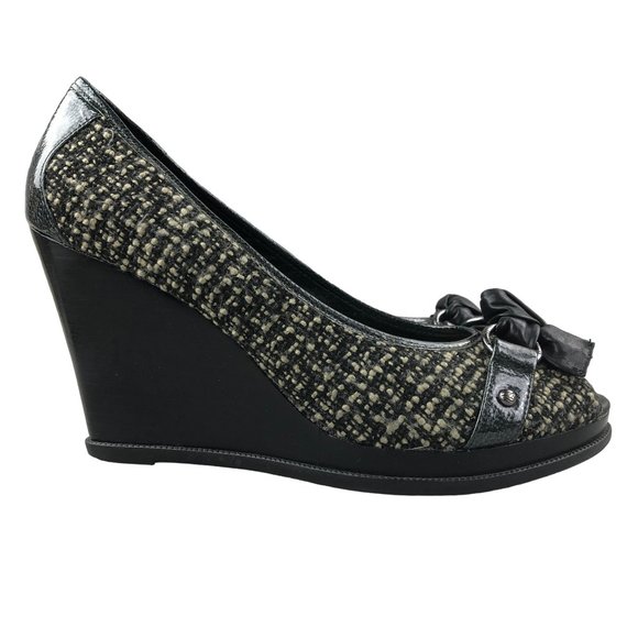 Sperry Women's Size 9.5M Top Sider Black Cream Tweed Peep Toe High Heel Wedges - Picture 1 of 13